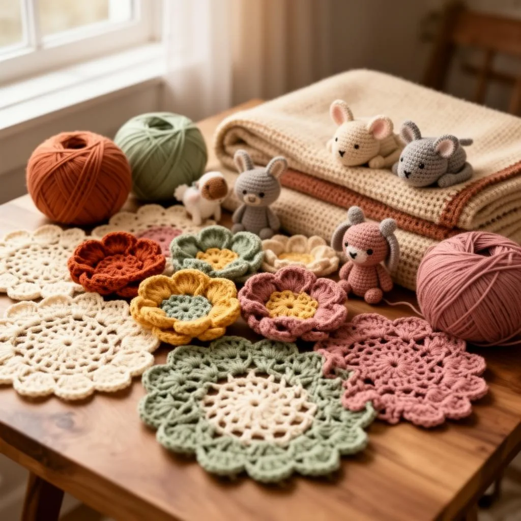Peças de crochê feitas à mão: flores, toalhinhas, manta e bichinhos em tons pastéis