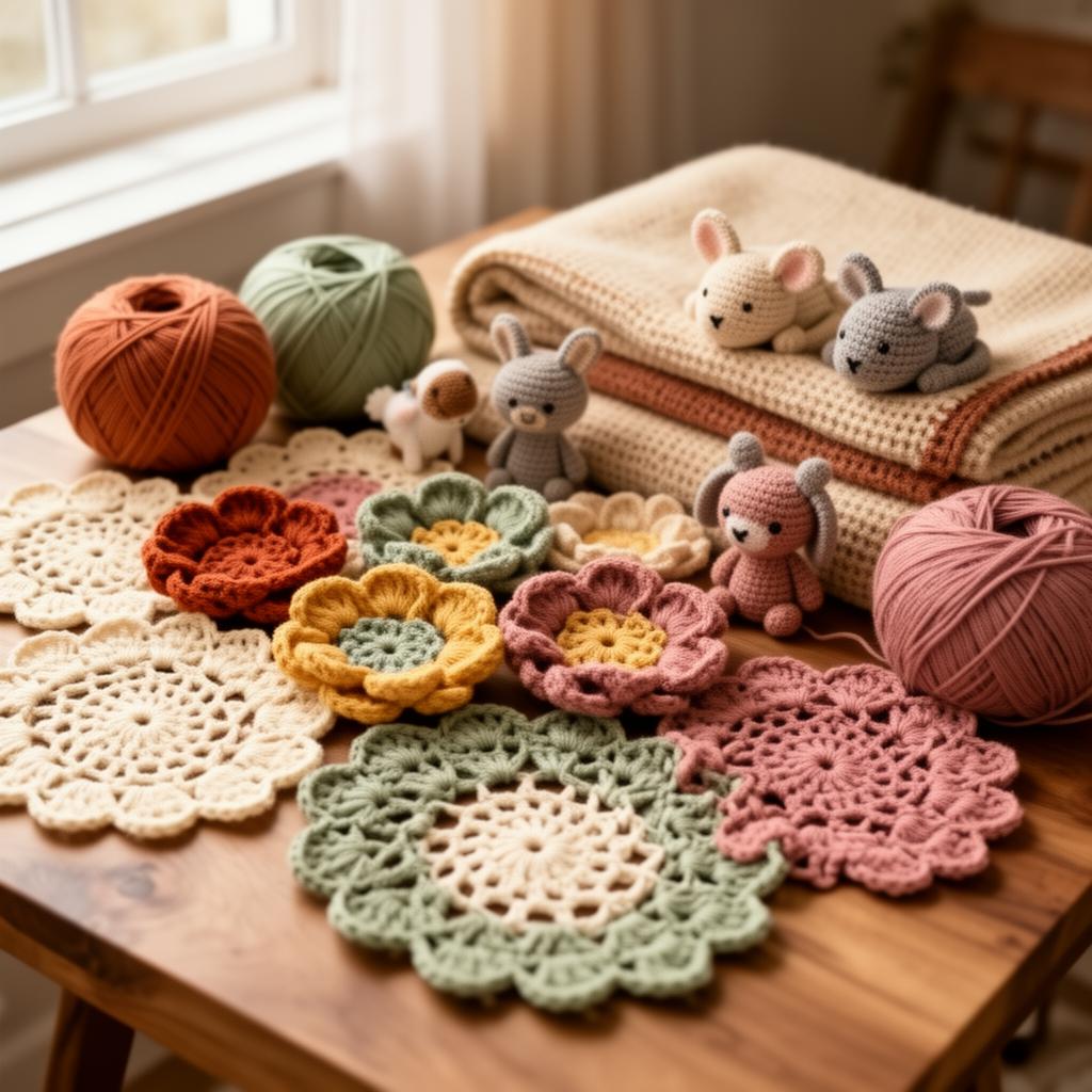 Peças de crochê feitas à mão: flores, toalhinhas, manta e bichinhos em tons pastéis